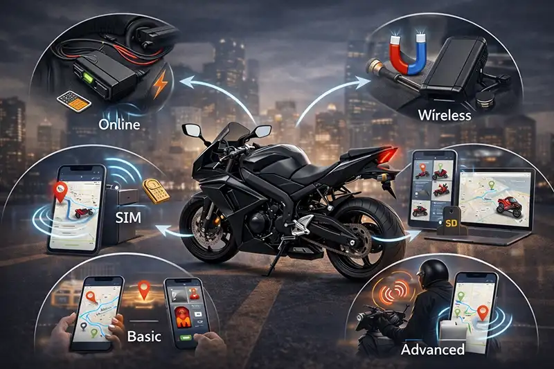 انواع مختلف ردیاب موتورسیکلت شامل بی‌سیم، سیمی، آنلاین، آفلاین و مقایسه مدل پایه و پیشرفته