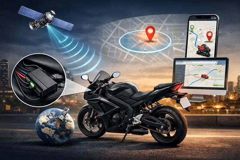 موتورسیکلت اسپرت مشکی با ردیاب GPS، ارسال سیگنال به ماهواره و نمایش موقعیت روی موبایل و کامپیوتر