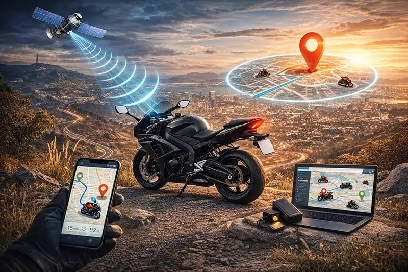 موتورسیکلت مشکی با ردیاب GPS در طبیعت روی تپه، با اتصال به ماهواره و مسیر ردیابی روی گوشی و لپ‌تاپ با نمای شهر در غروب
